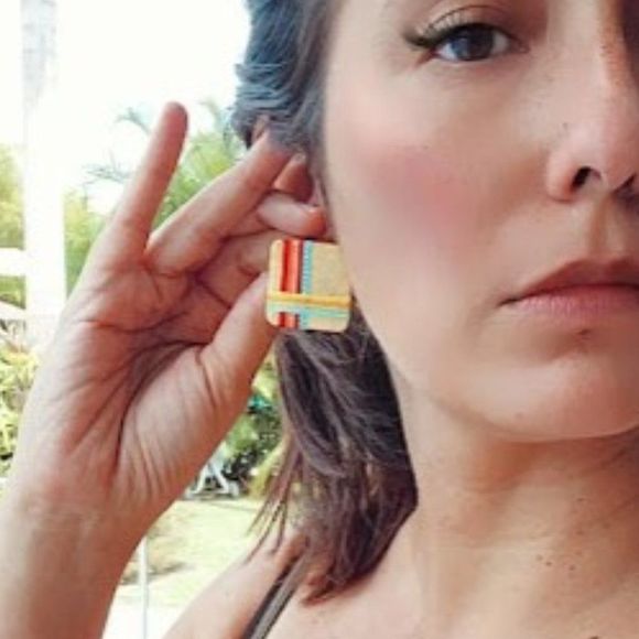 Handmade new earrings gold plated 24k  red blue orange thread new square - Picture 4 of 4